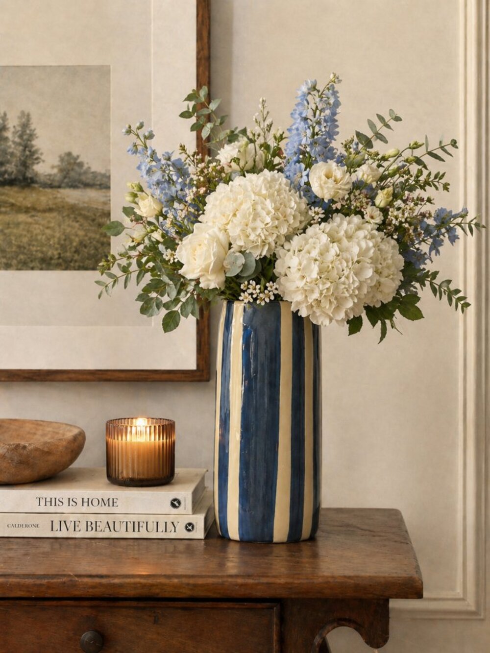 Blue & Cream Striped Decorative Vase